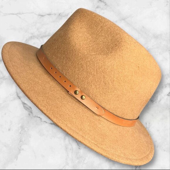 Womens Camel Tan Wool Fedora Hat With Adjustable Leather Band - Picture 2 of 5